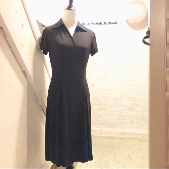 Black Faux Wrap Dress with Collar, Short Sleeve - Picture 8 of 8